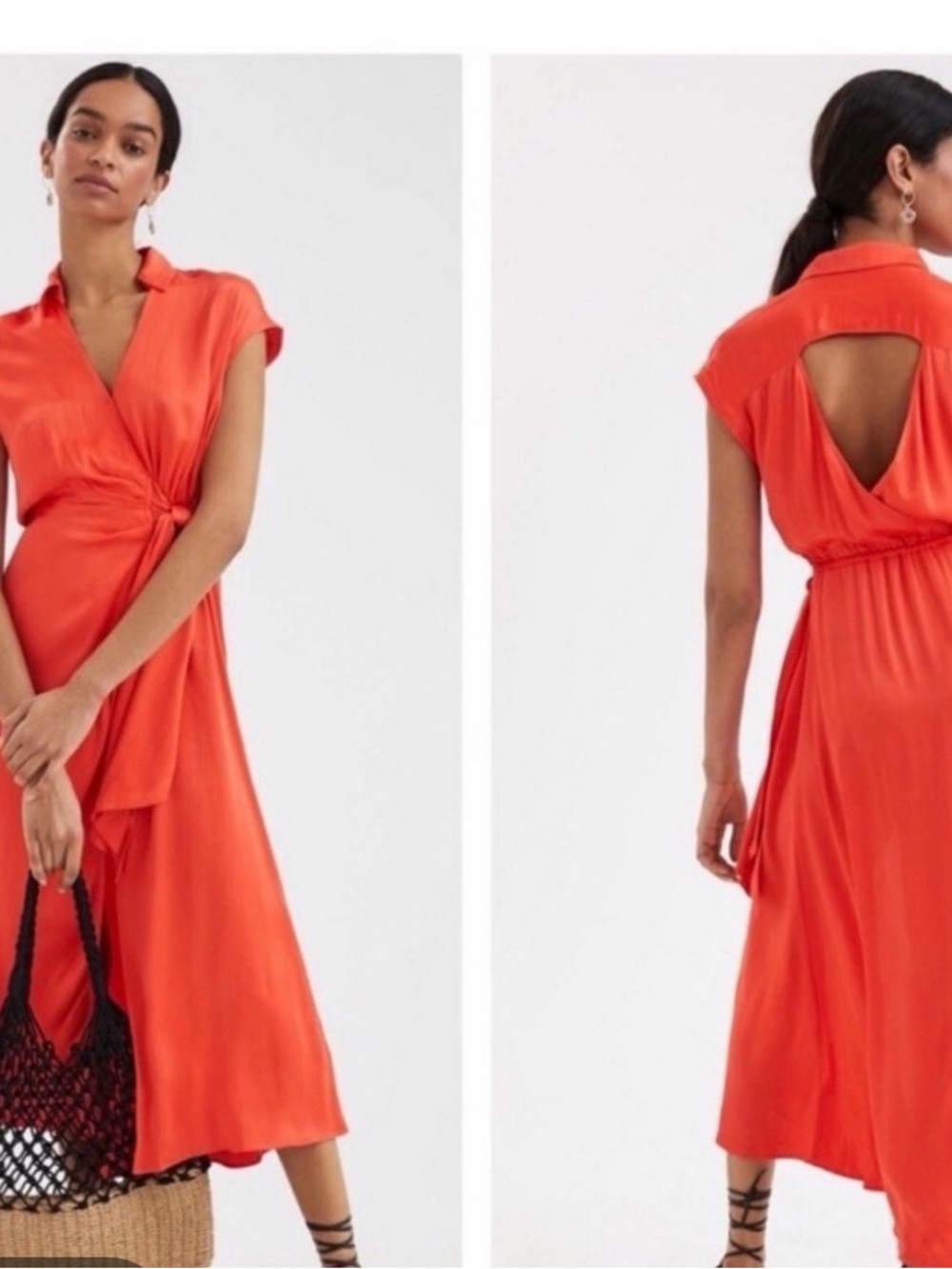 Anthropologie Orange Wrap-Front Midi Dress with Back Cutout